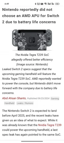 Switch 2 石锤采用Nvidia芯片