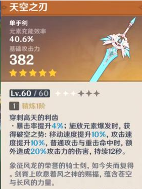 原神天空之刃满级属性介绍