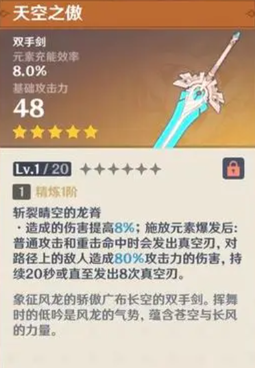 原神天空之傲满级属性介绍