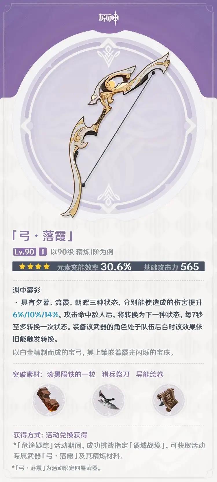 原神落霞满级属性介绍