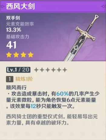 原神西风大剑满级属性介绍