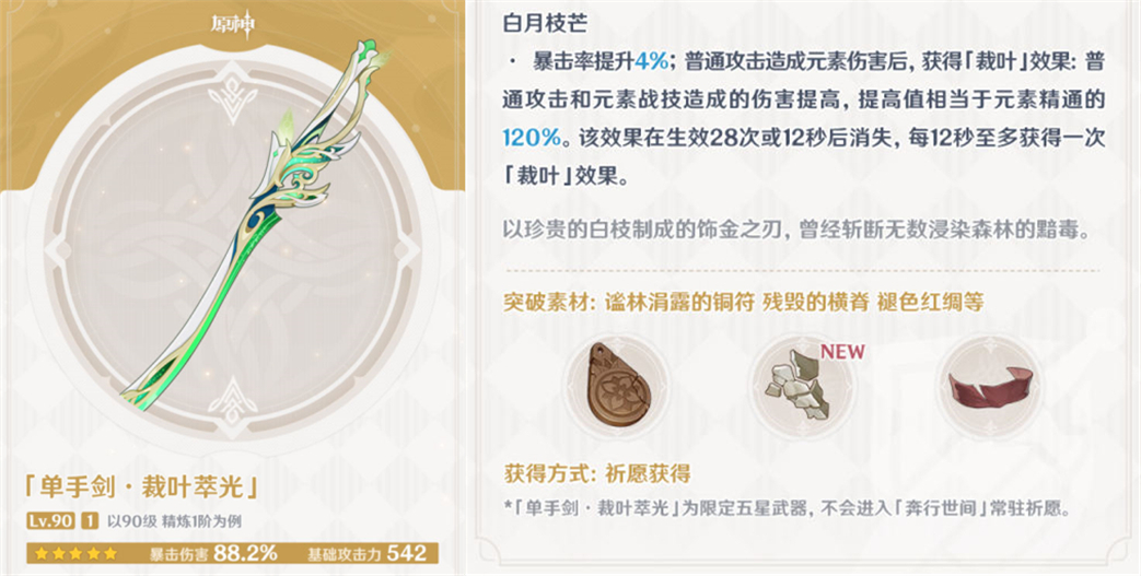原神裁叶萃光90级属性介绍