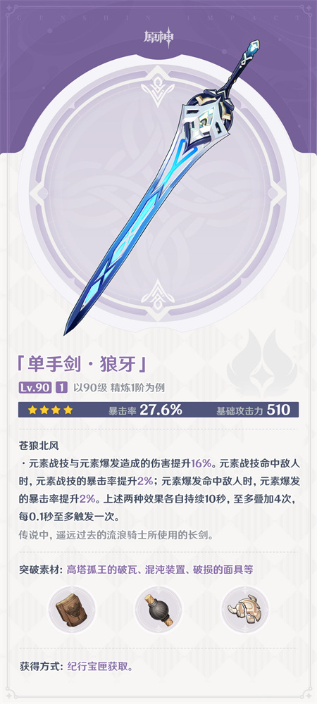 原神狼牙90级属性介绍